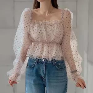 여자 오간자 프릴 스퀘어 시스루 노방 도트 블라우스