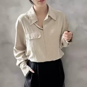 여성 레이온 줄무늬 원주머니 루즈핏 셔츠