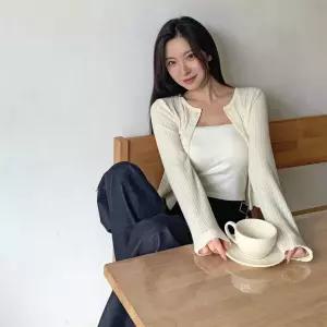 여성 레이온스판 골지 긴팔 크롭 가디건