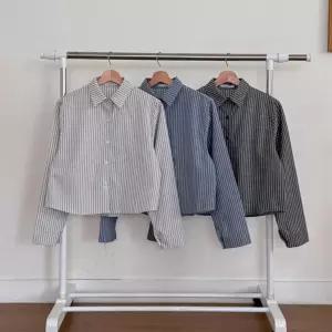 여성 가을 세미크롭 스트라이프 긴팔 셔츠