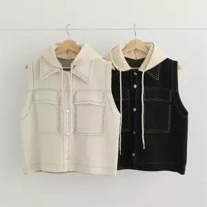 여성 스티치 빅포켓 카라넥 탈부착 후드 투웨이 조끼