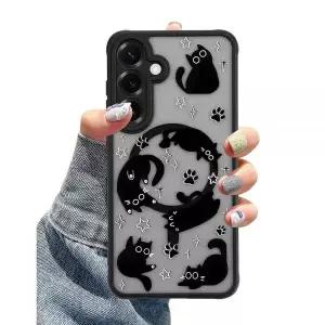 Aitipy 삼성 갤럭시 S24용 MagSafe 케이스, 귀여운 검은 고양이 미적 패턴 자석 디자인 폰 케이스, 부드러