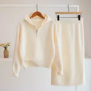 [잇수다] 디세핏 반집업 후드 니트 + 밴딩 롱 스커트 세트