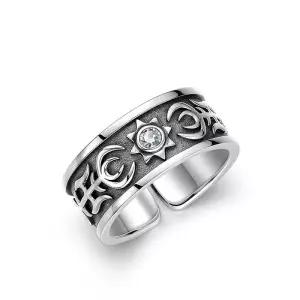 Rockyu 반지 프리 사이즈 여성 남성 실버 태양반지 토템 부조 폭이 넓음 지르코니아 남녀공용 빈티지 이스