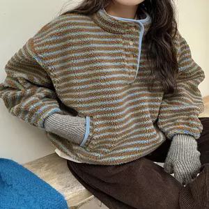 프리첼 배색 스트라이프 플리스 맨투맨 85749 빅사이즈 여성의류