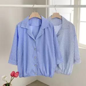 여자 클래식 스트라이프 루즈핏 스트링 7부 셔츠