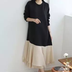 여자 빅사이즈 배색 프릴 레이어드 사선 롱원피스