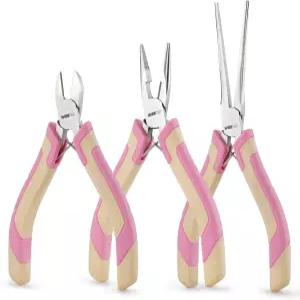 WISEPRO 3 PCS 미니 플라이어 세트 바늘 코 대각선 및 긴 코가 있는 핑크 주얼리 키트 제작용 소형 도구