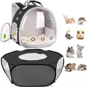 뚜껑이 있는 2팩 기니피그 캐리어 백팩 및 플레이펜 통기성 애완동물 팝 오픈 운동 펜스 토끼 친칠라