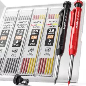 샤프너가 있는 닉프로 카펜터 펜슬 26개의 리필이 샤프 세트 건설용 딥 홀 마커 건축가용 헤비 듀티 목공