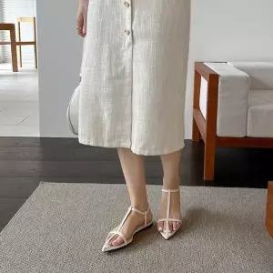 버클 장식 스틸레토힐 뾰족코 여성 플랫 신발 티스트랩 단화 (WFJ5TPL)