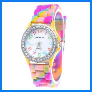 여아용 실리콘 위장 시계 크리스탈 블링 쿼츠 손목 시계 패션과 멋진 캐주얼 PU 스트랩 라운드 다이얼(다이