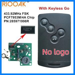 로고 없음 285971998R PCF7953M 4A 칩 433 MHZ 키리스 스마트 키 르노 클리오 IV 캡처 2009 2010 2011 2012