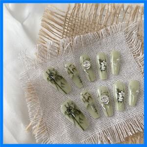 수제 관 모양 손톱 10개 아름다운 가짜 손톱 중국 스타일 Lanting 녹색 손톱 여성 사용에 적합