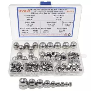 HVAZI 9 사이즈 6-32에서 1 /2 -13 도토리 육각 캡 너트 모음 키트;304 스테인리스 스틸 SAE 너트- 6-32