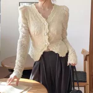 여자 봄가을 벨벳 레이스 크롭 긴팔 블라우스