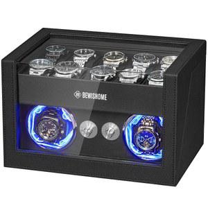 자동 시계, 더블 워치 와이드너 및 10개의 시계 디스플레이 케이스 LED 라이트 4 모드 , 와인더 박스 조용한 모터 타입-C 어댑터 블랙 SYQ03B