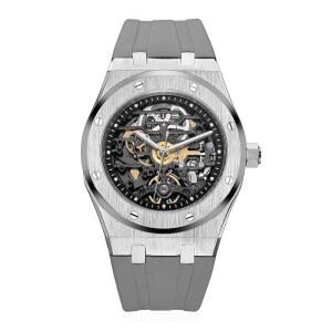 남성용 자동 골격 시계 42mm 케이스 스테인리스 스틸 기계식 충격 방지 방수 야광 사파이어 크리스탈 아날로그 비즈니스 손목시계 조정 가능 밴드 FM019HOT