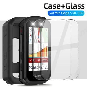 [호환품]2-in-1 키트: Garmin Edge 550/850 GPS 자전거 컴퓨터용 실리콘 케이스 및 강화 유리 2개 보호 커