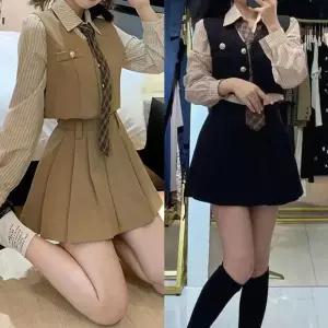 3버튼 크롭조끼 스트라이프 긴팔 프레피 세라복 세트