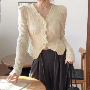 여자 봄가을 벨벳 레이스 크롭 긴팔 블라우스