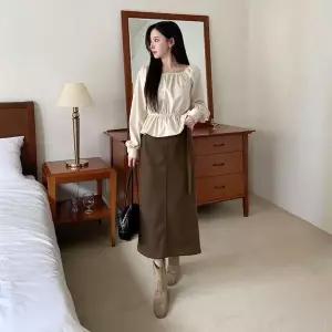 [하프클럽/]여자 가을겨울 헤링본 스트랩 폭신 롱스커트