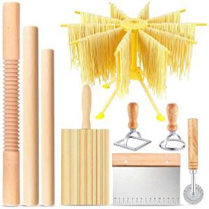 파스타 만들기 도구, 롤링 핀 3개가 포함된 9피스 우드 키트, 건조대 1개, 뇨키 보드 반죽 커터 라비올리 스탬프 2개, 세트 메이커용