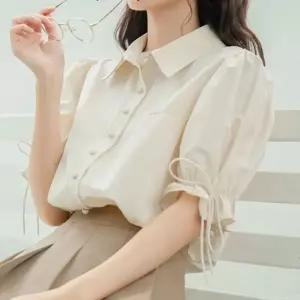 퍼프소매 리본 스트링 반팔블라우스 여름 셔츠 (WFJSPGB)