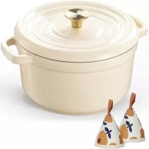오버몬트 에나멜 주철 더치 오븐 - 뚜껑포함 5QT 냄비 면 홀더 브레이징 스튜 로스팅 빵 베이킹 크림 흰색