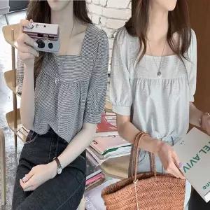 [하프클럽/]여자 스퀘어넥 잔체크 여름 퍼프 반팔 블라우스
