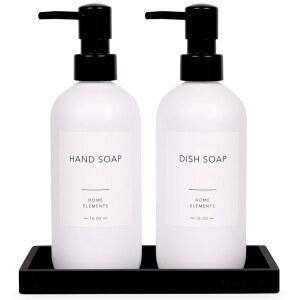 스페이스와이저 플라스틱 비누 디스펜서 세트 - 주방용 PET 접시 디스펜서, 욕실용 펌프 디스펜서가 포함된 핸드 로션 병, 방수 라벨 8개, 16온스, 검은색 실리콘 트레이 포함