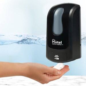 호텔 공급 창고의 자동 비누 디스펜서 및 손 소독제 디스펜서, 거품 열쇠로 잠그기, 터치리스, 리필 가능한 병, 블랙