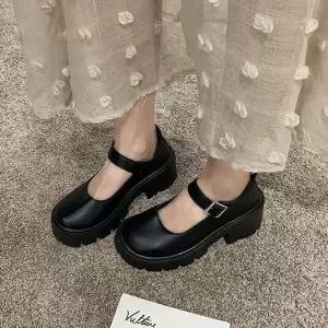 [하프클럽/]여성 통굽로퍼 2컬러 블랙 펌프스힐 버클 디테일 데일리 통굽힐