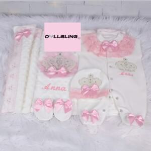 무라식   아기 이름 신생아 핑크 크라운 보석 선물 세트 3pcs 복장 잠옷 담요 받기 환영 홈 의식 드레스