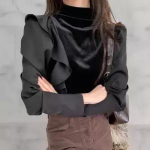 여성 벨벳 긴팔 목프릴 블라우스