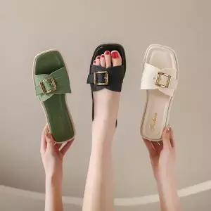 [하프클럽/]여성 빅버클 포인트 여름 뮬 샌들 플랫 굽없는 슬리퍼
