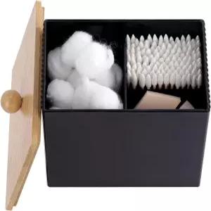 대나무 뚜껑이 있는 오러브 큐팁 홀더 3칸 면봉/면봉 디스펜서 보관 및 정리용 약병 플라스틱 용기(블랙)