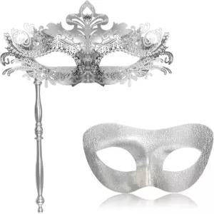 여성과 남성을 위한 펀뮬라 커플 가면극 마스크와 홀딩 스틱 메탈 마스크 할로윈 코스튬 베네치아 마디