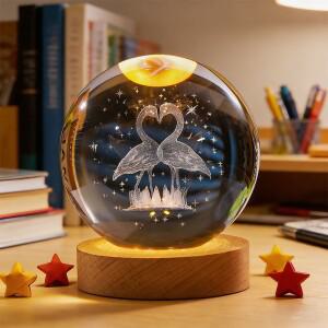 8cm/3.15in 플라밍고 크리스탈 볼 USB 라이트 매직 글라스 나이트 동상 조명 친구와 가족 수집