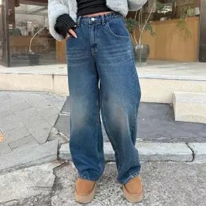 여자 겨울 기모데님 로우라이즈 와이드 청바지