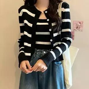 여성 배색 단가라 스트라이프 골지 나시가디건세트 (KYR-WDC736D)