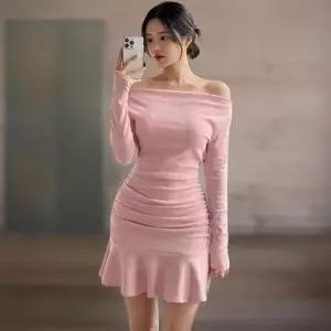 CCO5908여성 봄 가을 오프숄더 긴팔 셔링 프릴 미니 드레스