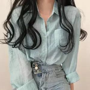 [하프클럽/]여대생 여름 봄 얇은 비치는 휴가룩 민트 긴팔 셔츠
