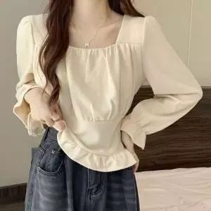 [하프클럽/]스퀘어넥 셔링 긴팔 예쁜 블라우스 체형커버 여리핏