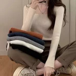 [하프클럽/]스퀘어넥 세미 슬림핏 긴팔니트 골지패턴 베이직