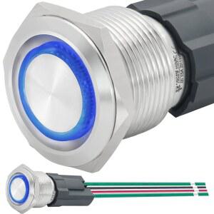 [미국배송] 15AMP 푸시 버튼 스위치 19MM 래치 110V 120V AC/DC 방수 IP67 전원 1NO SPST(LED 라이트 스테인리스 스틸 셀프 잠금 ON/OFF 0.75인치 와이어 소켓 포함)