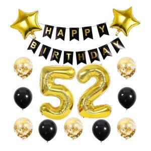 Chaungfu52 생일 파티 용품 골드 번호 52 포일 풍선 축하 배너 키트 52번째 장식 블랙 라텍스 색종이 별 여자 남자 선물하기 좋은 선물