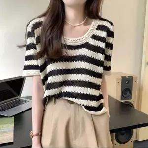 여성 펀칭 니트티셔츠 여름 반팔티 배색 스트라이프 (WFKBWZM)