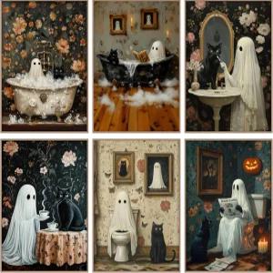 할로윈 유령 욕실 포스터 벽 아트 호러 유령과 검은 고양이 장식 사진 갤러리 홈 데코레이션을 위한 레트로