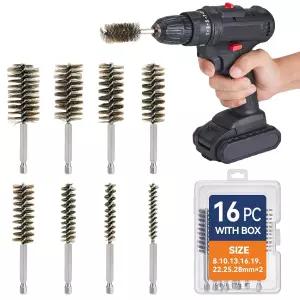 16개 스테인리스 보어 브러시 드릴 세트용 와이어 1/4인치 육각 생크 전동 드릴용 연마 녹슨 광택 및 튜브